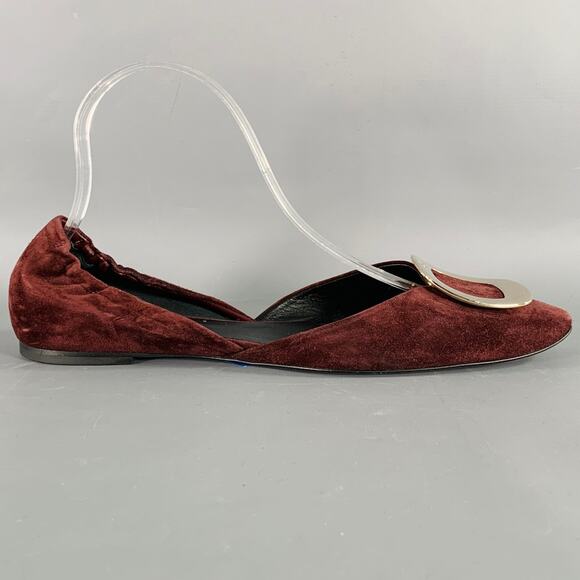 ROGER VIVIER Size 10 Burgundy Silver Buckle Suede Flats - Picture 2 of 8